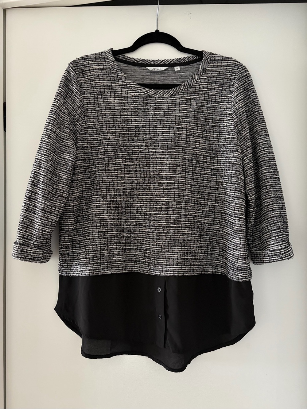 Black and White Layered Knit Top with Chiffon Hem (US L)